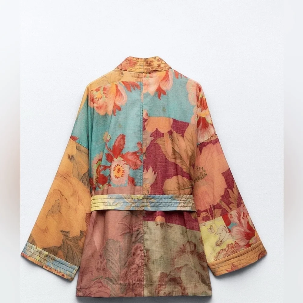 ZARA Patchwork Kimono Jacket Belted SashBoho Artisan Floral Print m /L - Picture 4 of 11